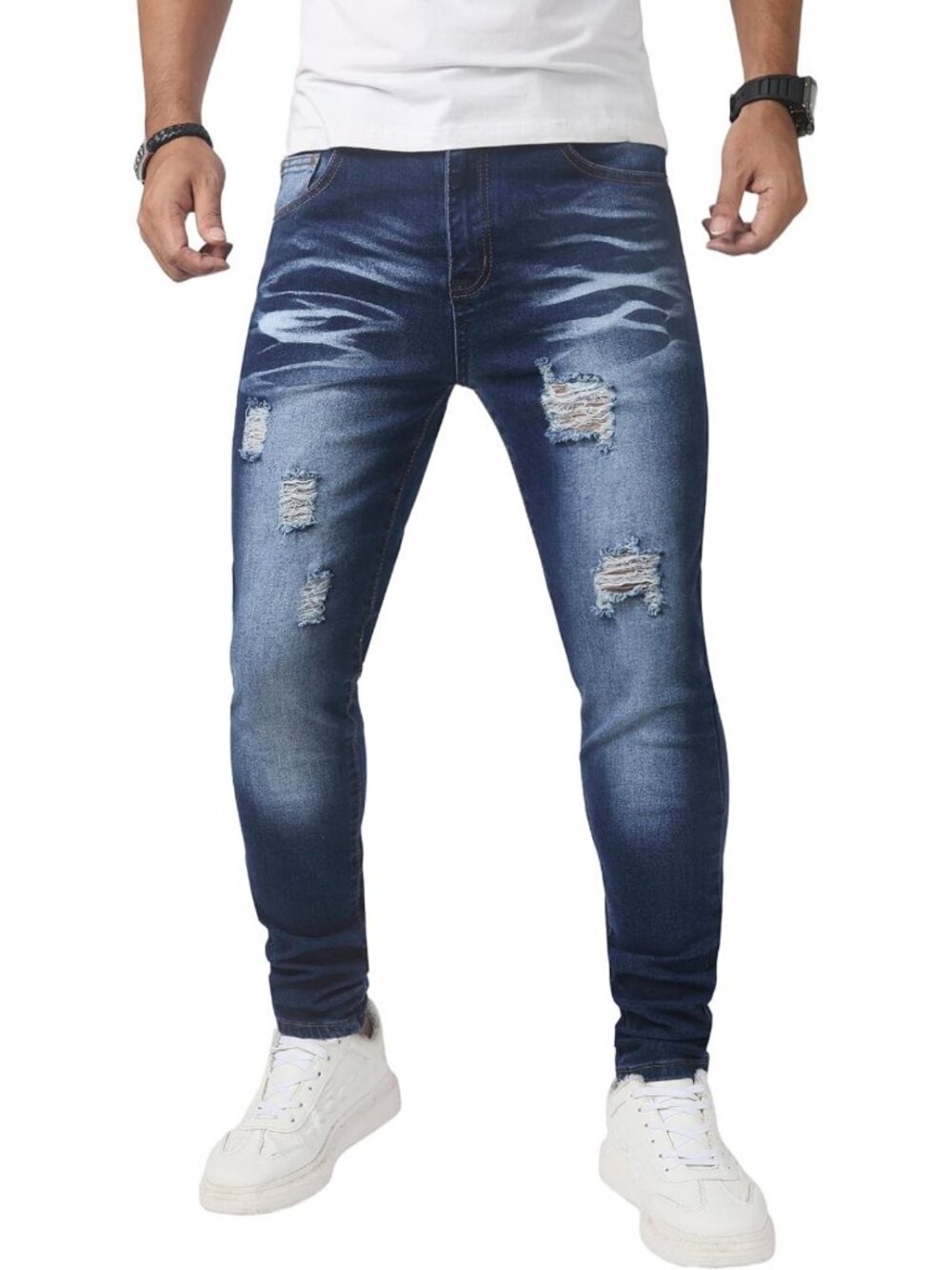 Men's Distressed Skinny Stretch Jeans - Slim Fit Ripped Tapered Leg Denim Pants
